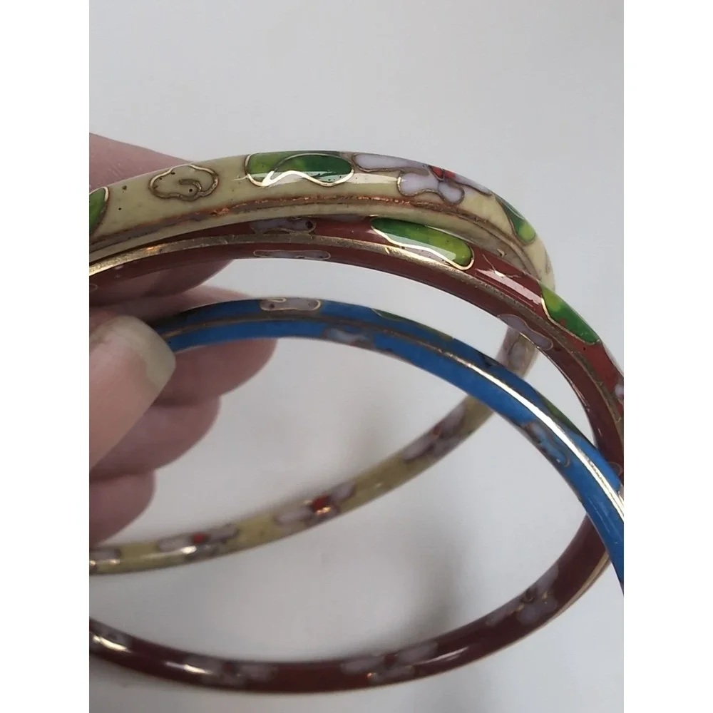 Cloisonné Bangles Bracelet Set of 3 Floral Metal Enamel Jewelry Vintage Retro